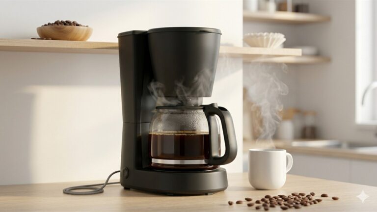 Cafeteira eletrica de filtro com jarra de vidro cheia de cafe na bancada