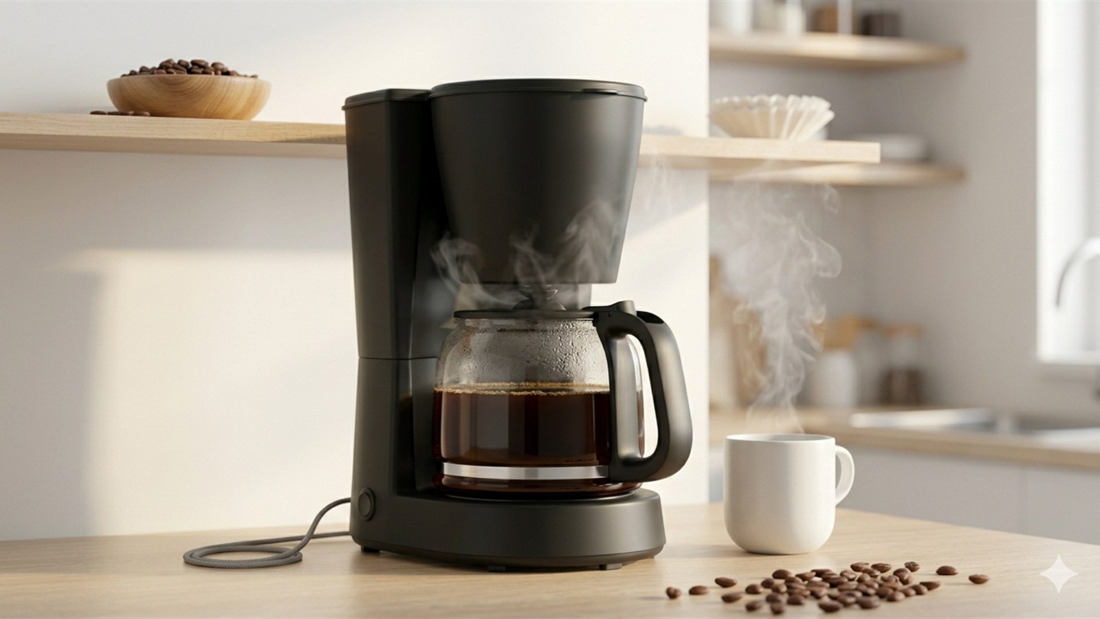 Cafeteira eletrica de filtro com jarra de vidro cheia de cafe na bancada