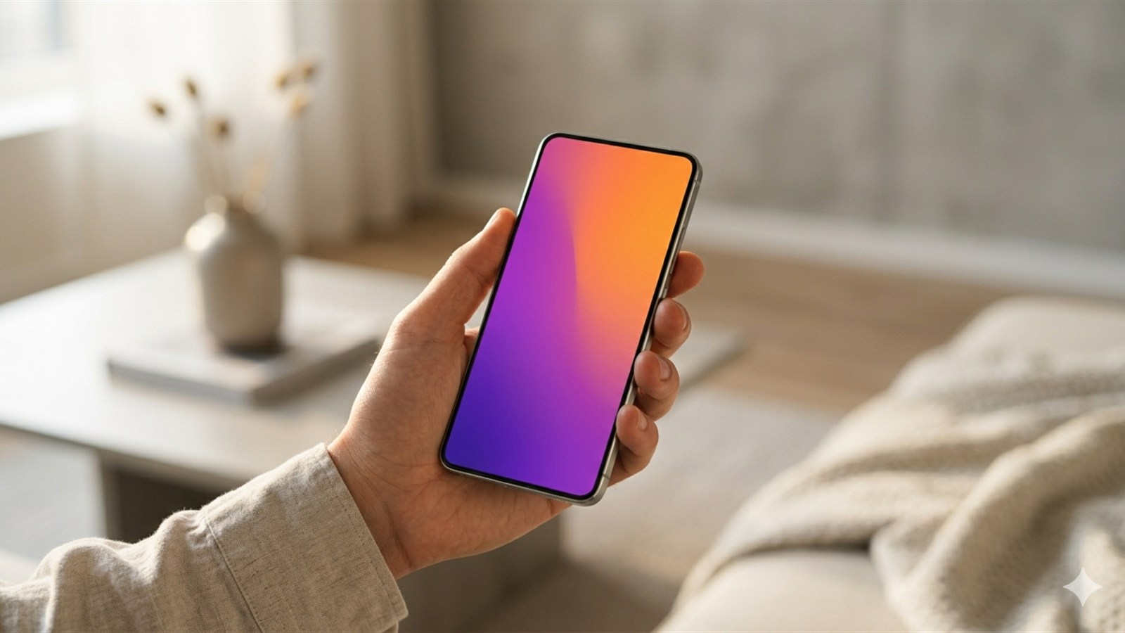 Smartphone moderno com tela em gradiente colorido na mao de uma pessoa