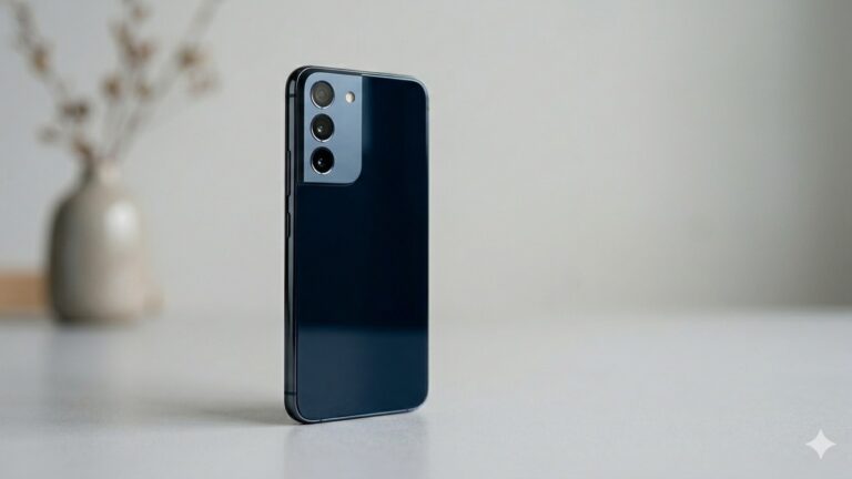 Smartphone moderno azul-escuro com tripla camera sobre mesa clara