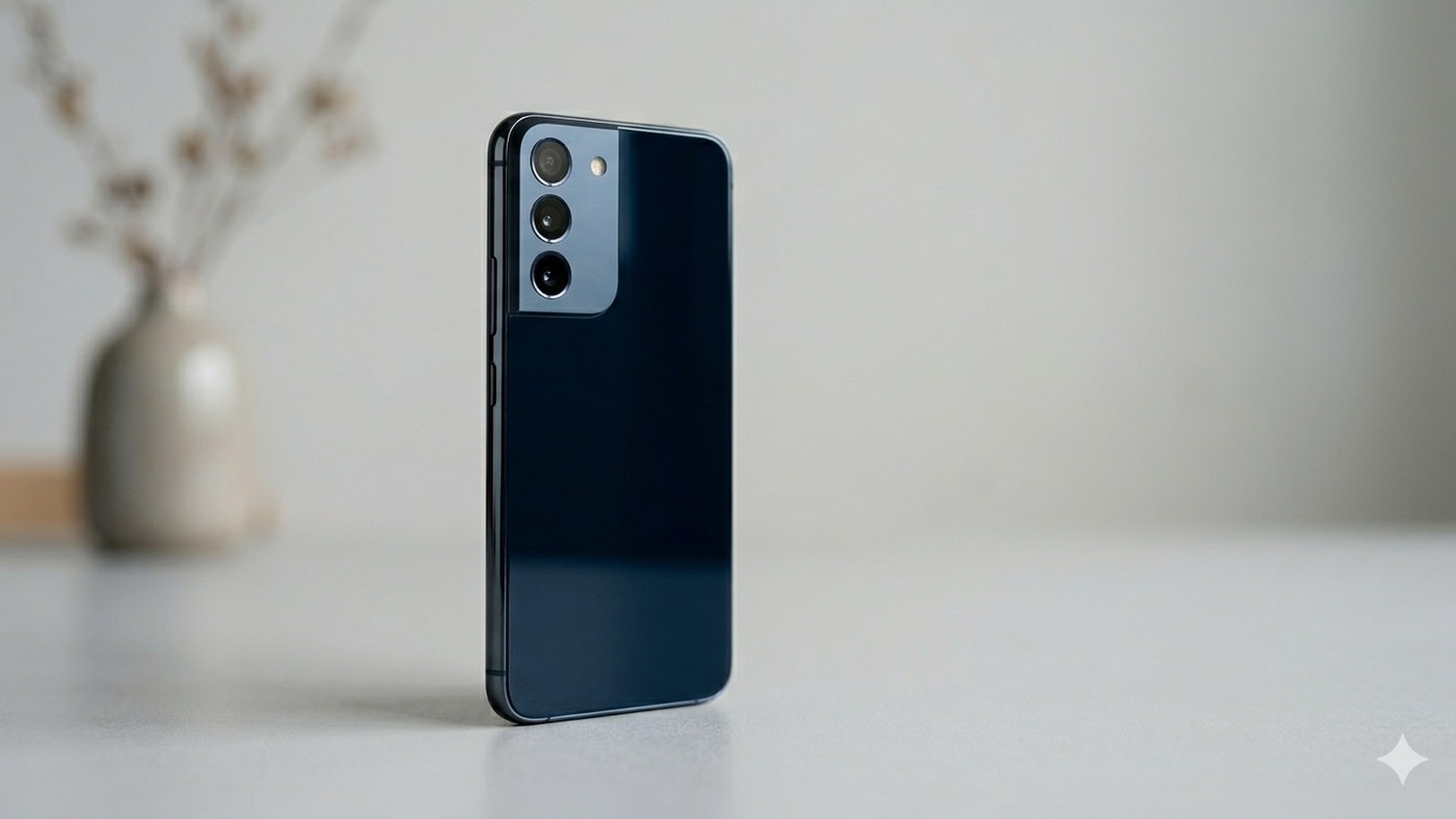 Smartphone moderno azul-escuro com tripla camera sobre mesa clara