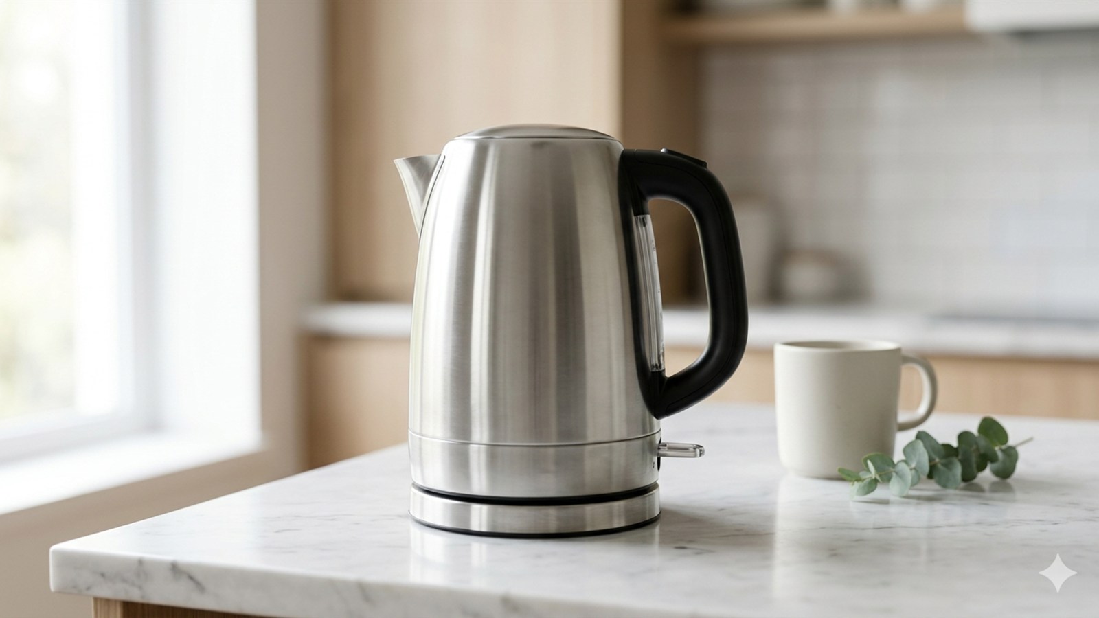 Chaleira elétrica de inox sobre bancada de cozinha