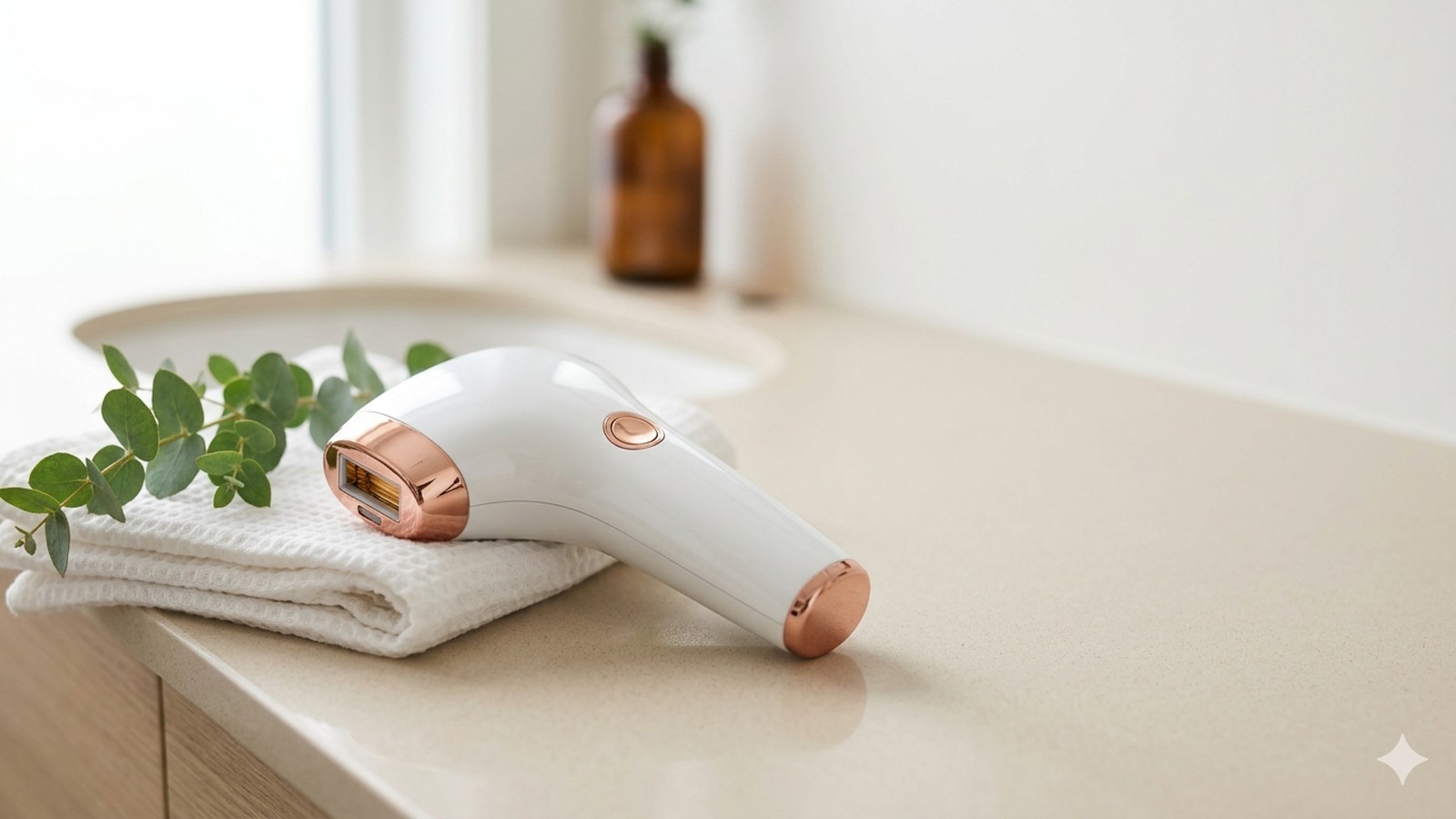 Depilador eletrico de luz pulsada IPL branco e rose gold sobre bancada de banheiro