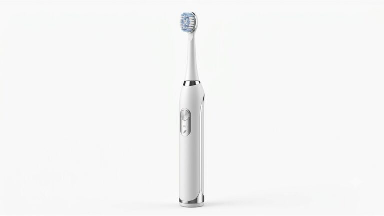 Escova de dente eletrica branca recarregavel com cabeca rotacional e detalhes em prata