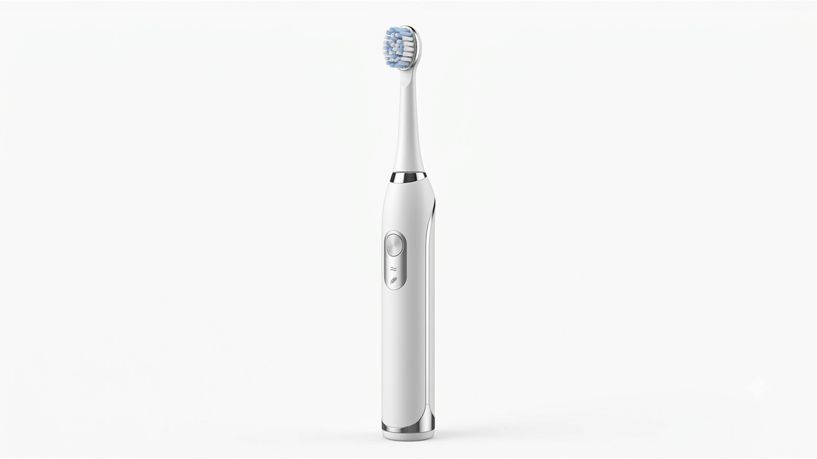 Escova de dente eletrica branca recarregavel com cabeca rotacional e detalhes em prata