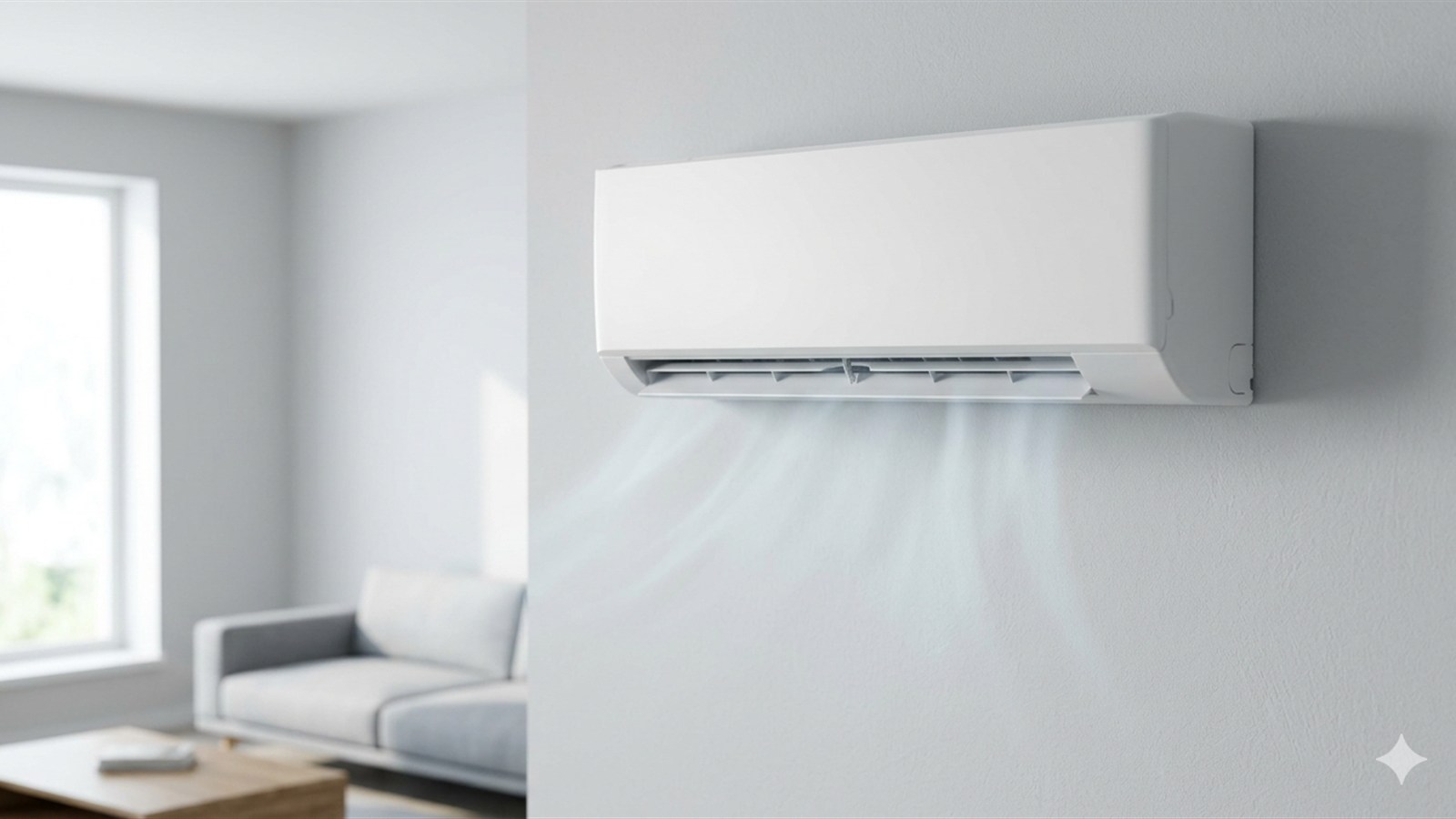 Ar-condicionado split branco instalado na parede de uma sala climatizada