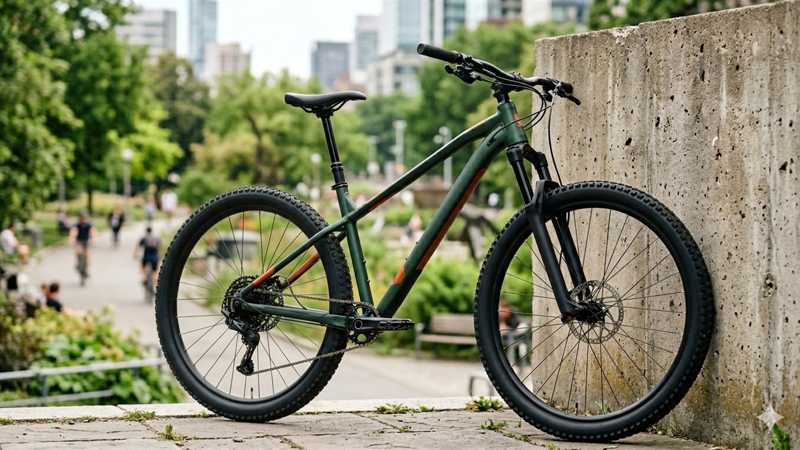 Mountain bike aro 29 verde encostada em parede de concreto em um parque urbano