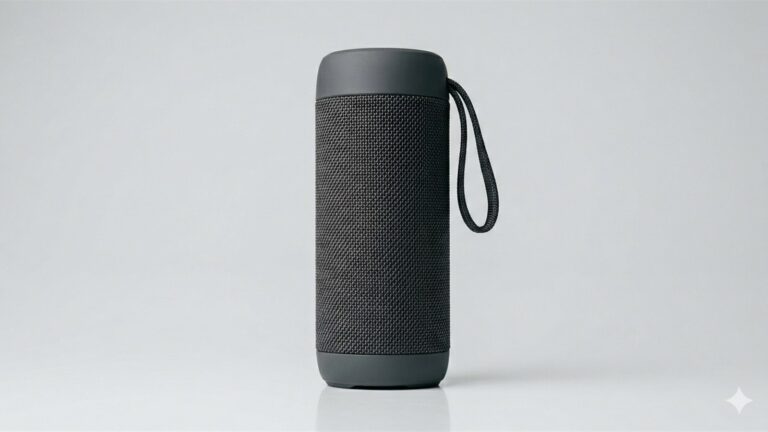 Caixa de som Bluetooth portátil cilíndrica preta com alça em fundo de estúdio