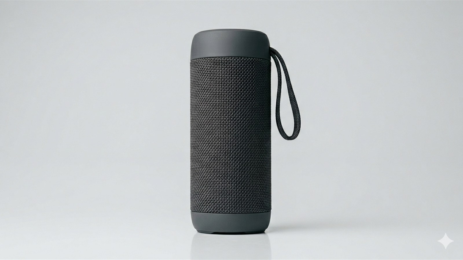 Caixa de som Bluetooth portátil cilíndrica preta com alça em fundo de estúdio