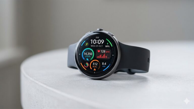 Smartwatch moderno com tela redonda AMOLED mostrando passos, batimentos e calorias