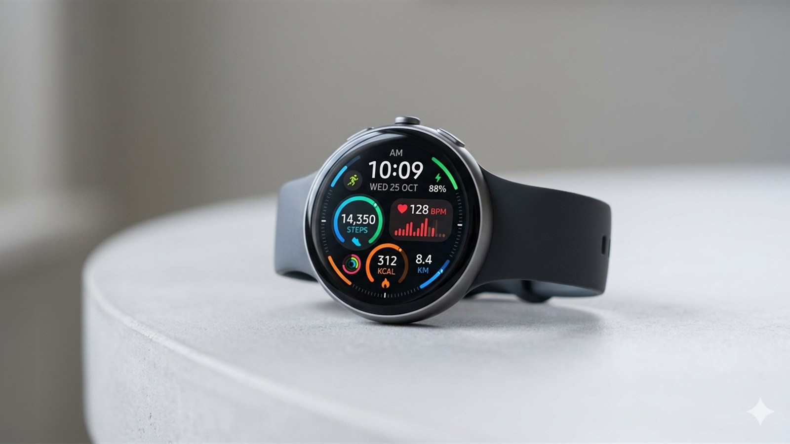 Smartwatch moderno com tela redonda AMOLED mostrando passos, batimentos e calorias