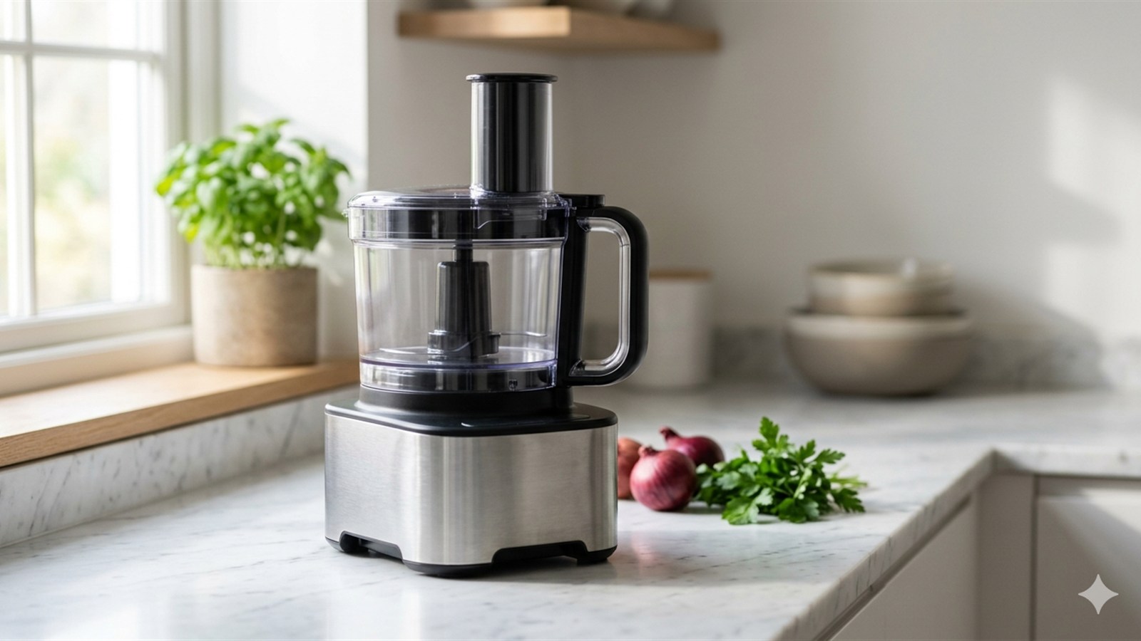 Processador de alimentos inox e preto sobre bancada de mármore