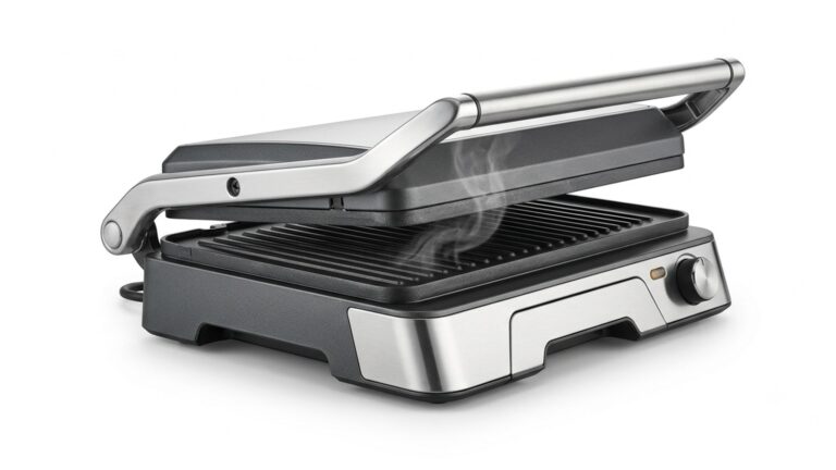 Sanduicheira e grill eletrico aberto com placas grelhadas e vapor