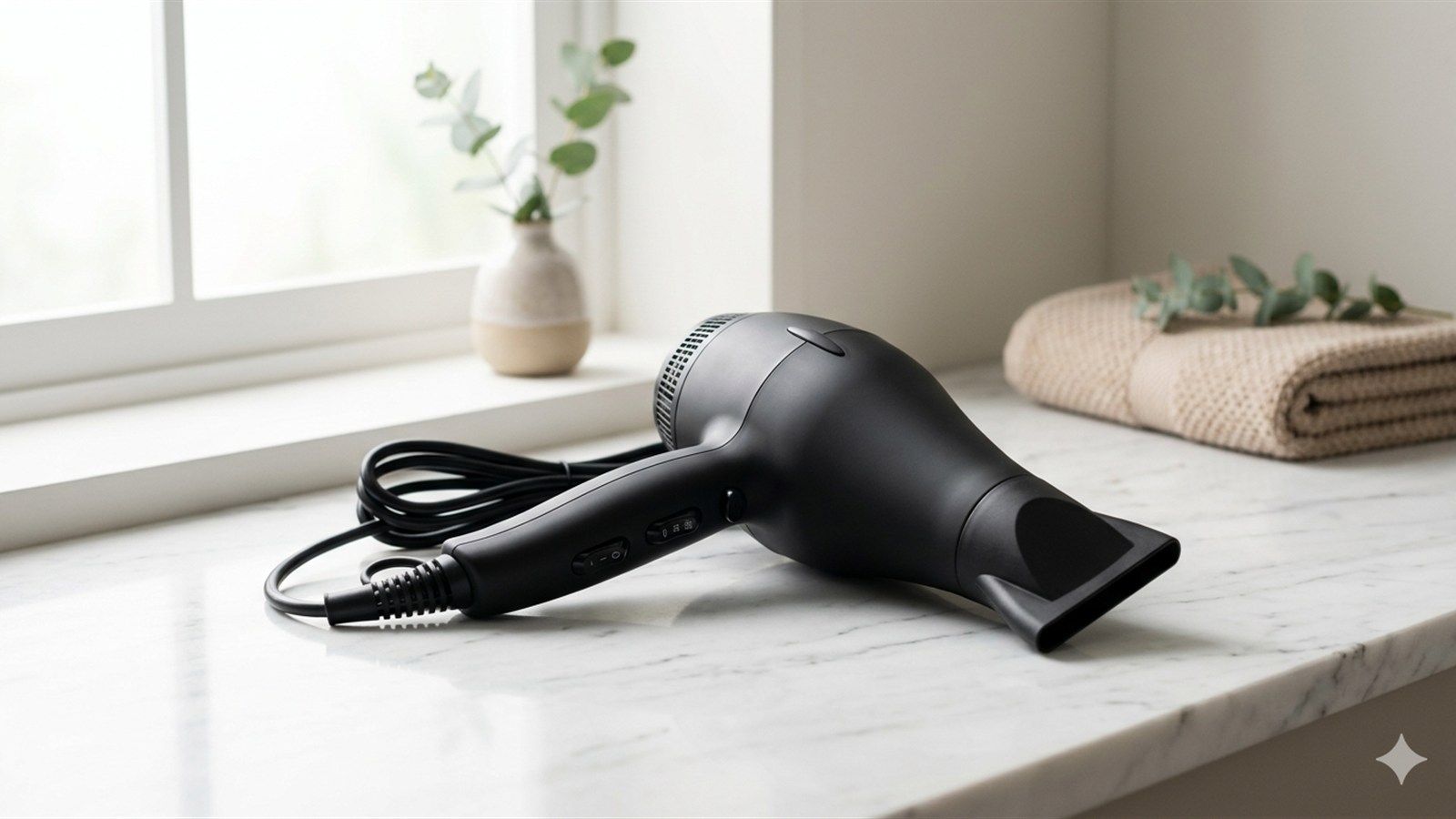 Secador de cabelo preto sobre bancada de mármore