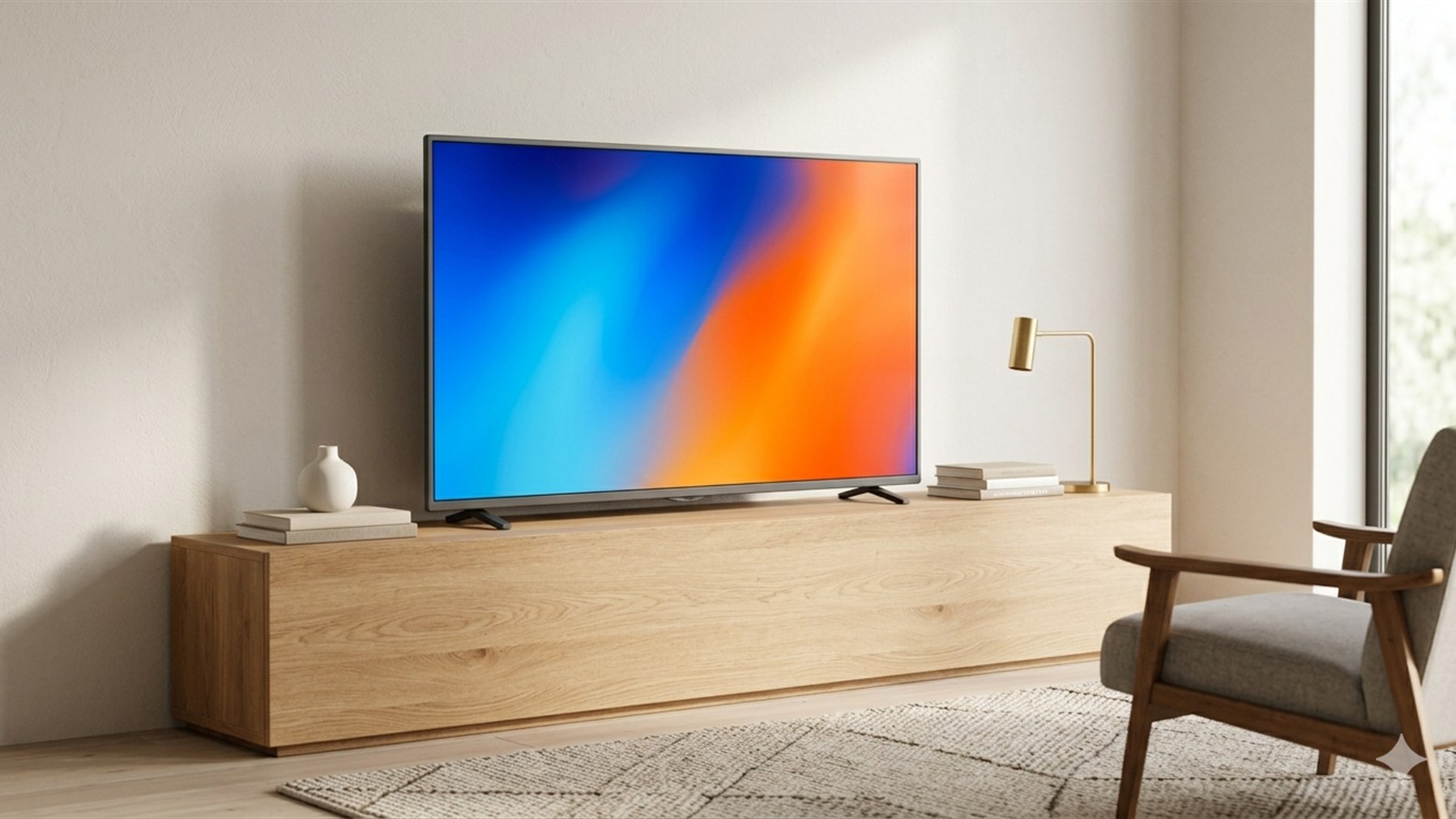Smart TV em rack de madeira exibindo gradiente colorido na sala