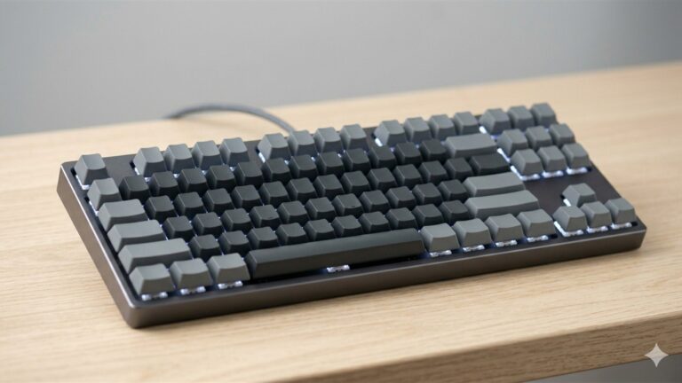 Teclado mecanico moderno com keycaps cinza sobre mesa de madeira