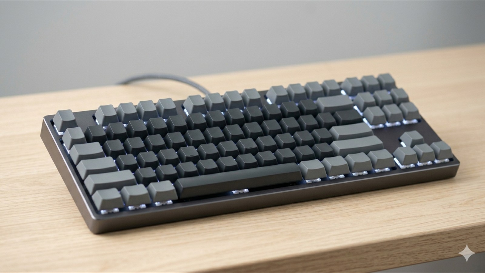 Teclado mecanico moderno com keycaps cinza sobre mesa de madeira